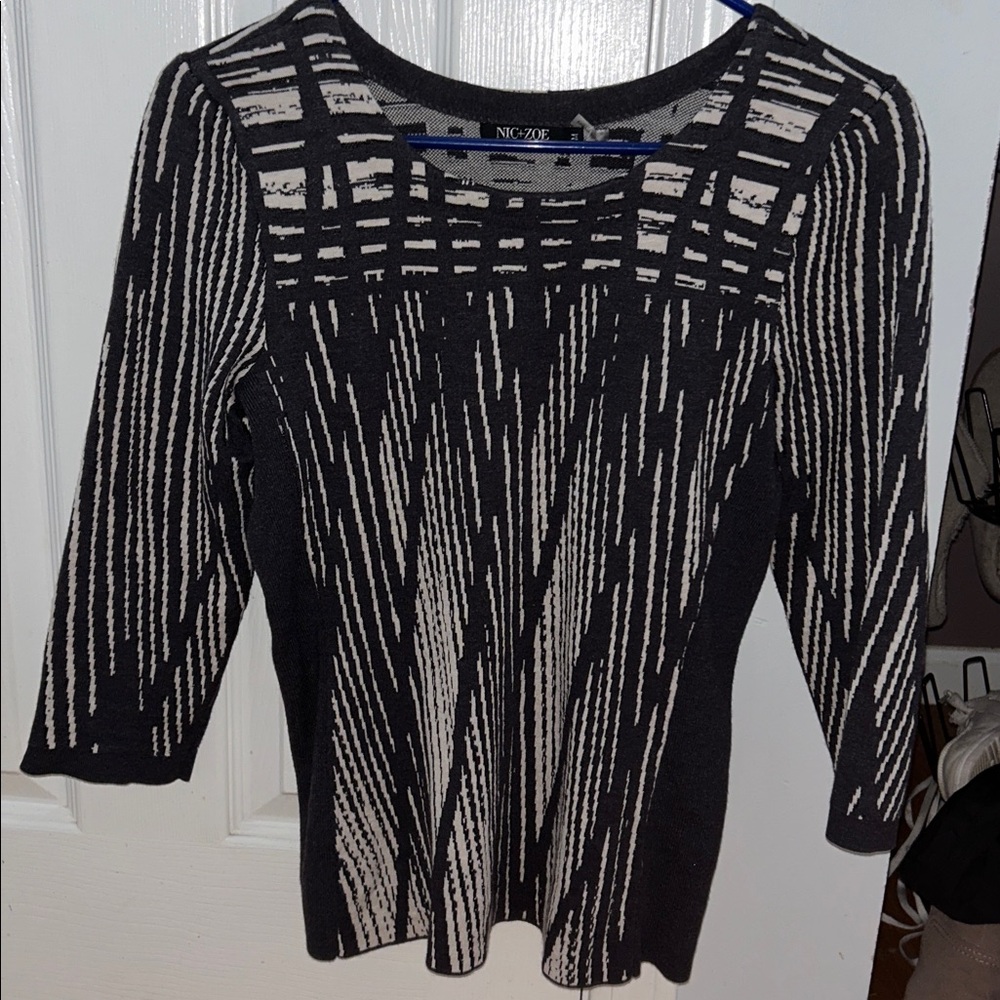 Nic+Zoe Gray Abstract 3/4 Sleeve Knit Cotton Blend Top Size M - runs small